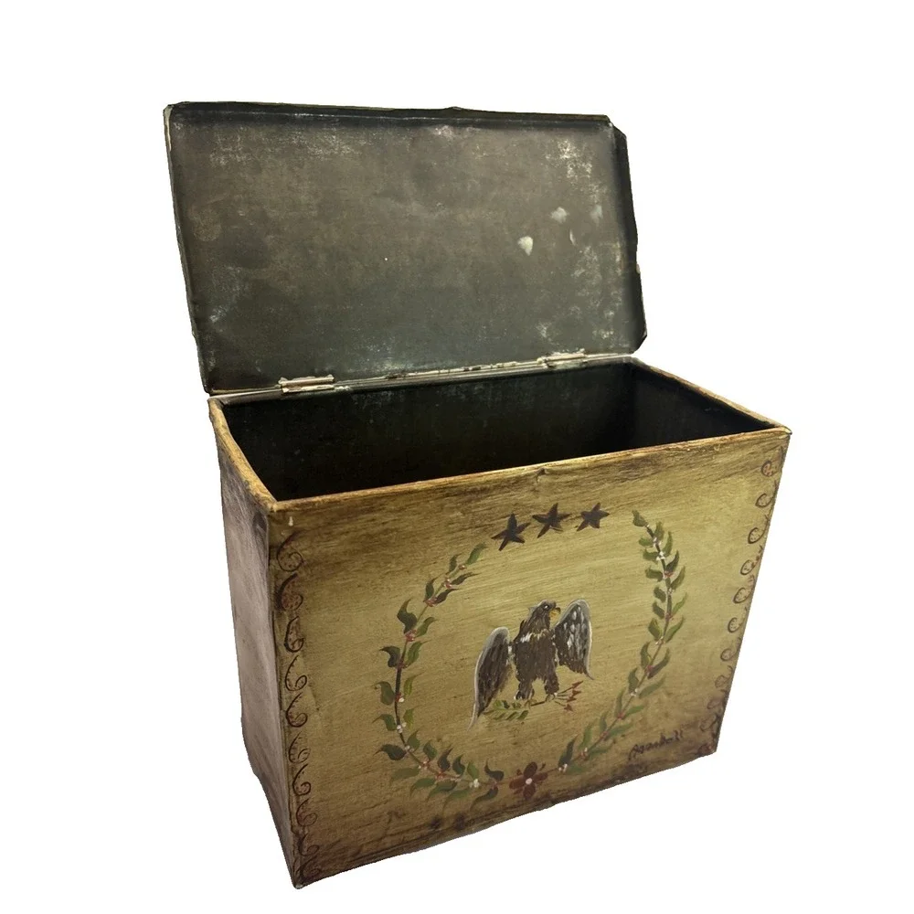 Vtg American Painted Tin‎ Toleware Hinged Box American Eagle Folk 7.25